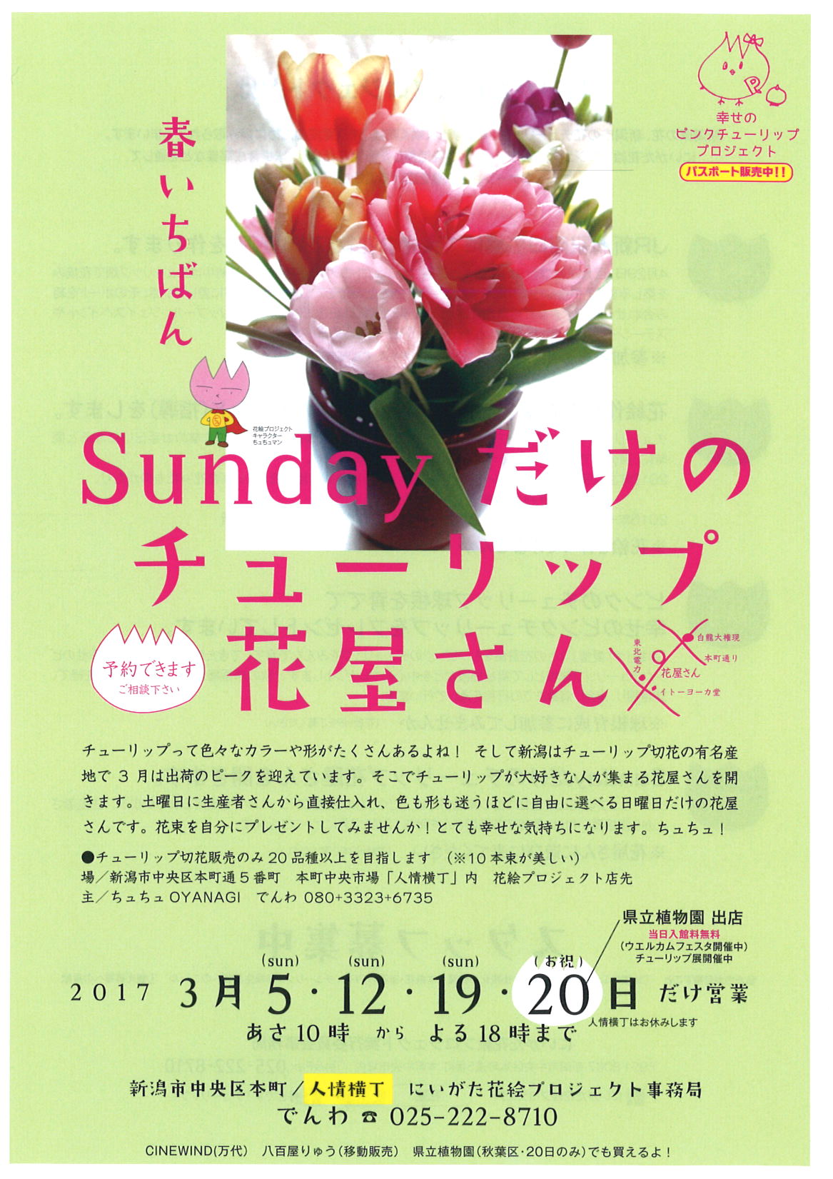 3月5・12・19日”Sundayだけのチューリップの花屋さん”開催